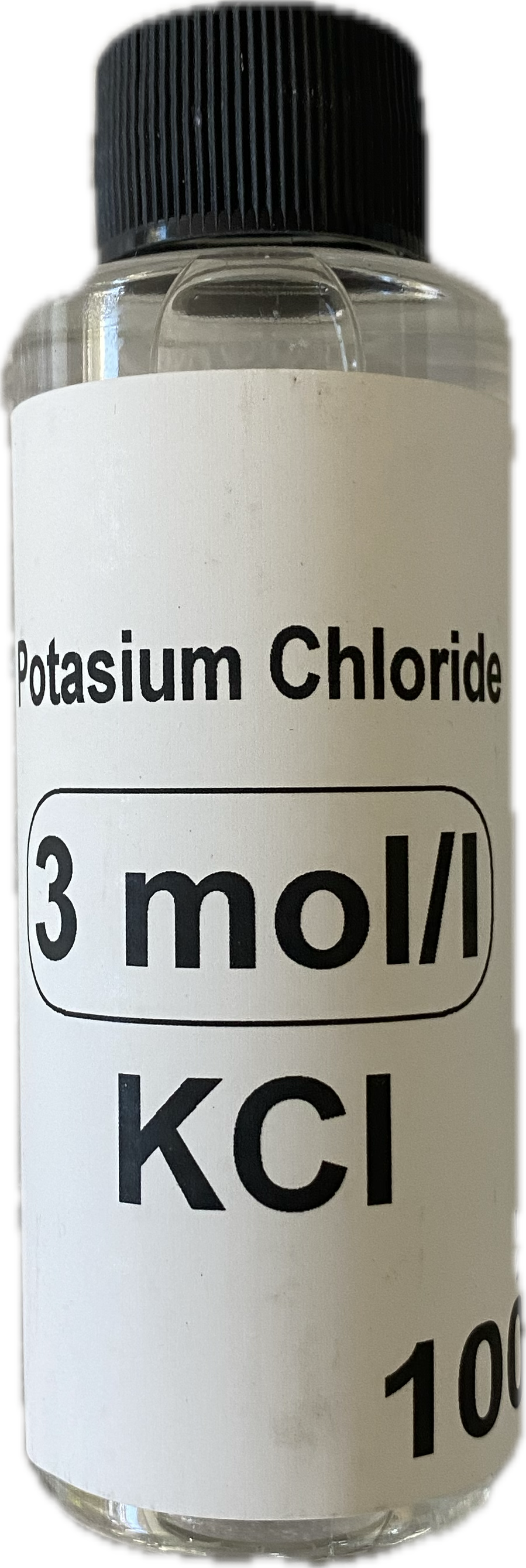 3 mol/l KCl saklama sıvısı – beyaz 100 ml şişe, siyah kapak ve Potassium Chloride etiketi