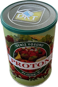 Proton Algine-S deniz yosunu kutusu – yeşil-altın renkli metal kutu, üzerinde meyve görselleri ve PROTON yazısı