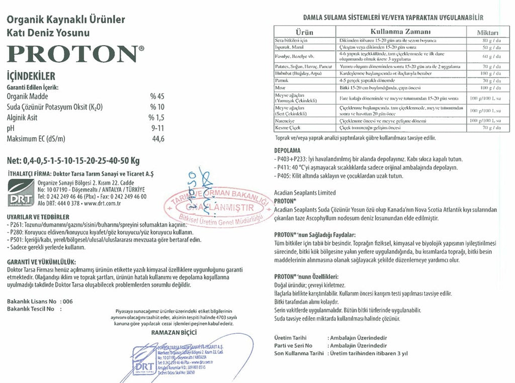 Proton Algine-S etiketi – içerik tablosu, garanti edilen bileşenler ve ürün bazında kullanım dozu çizelgesi