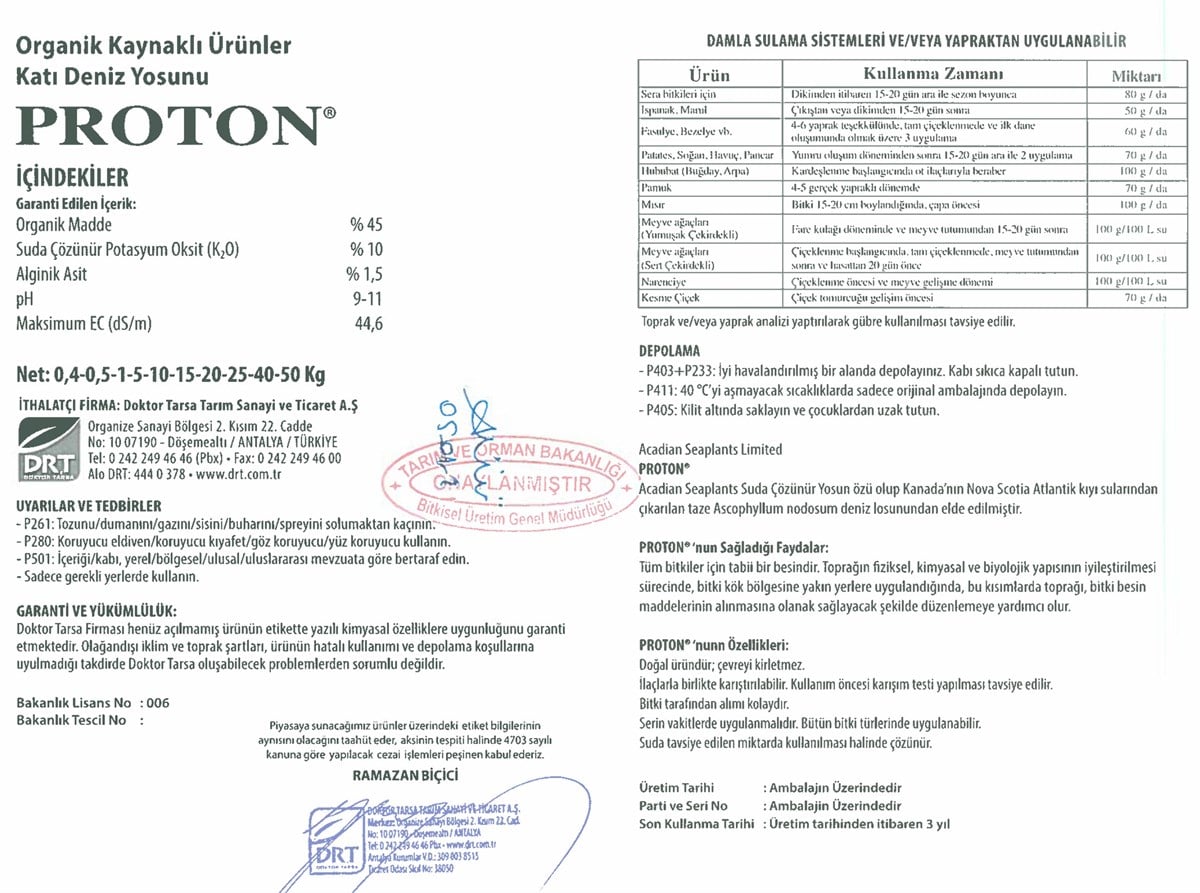 Proton Algine-S etiketi – içerik tablosu, garanti edilen bileşenler ve ürün bazında kullanım dozu çizelgesi