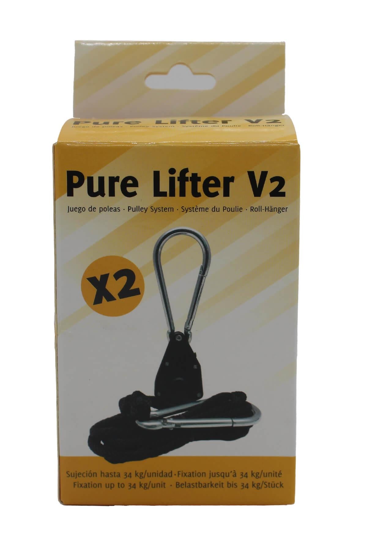 Pure Lifter V2 ağır yük askısı – sarı beyaz karton kutu üzerinde karabinalı halat makara sistemi görseli
