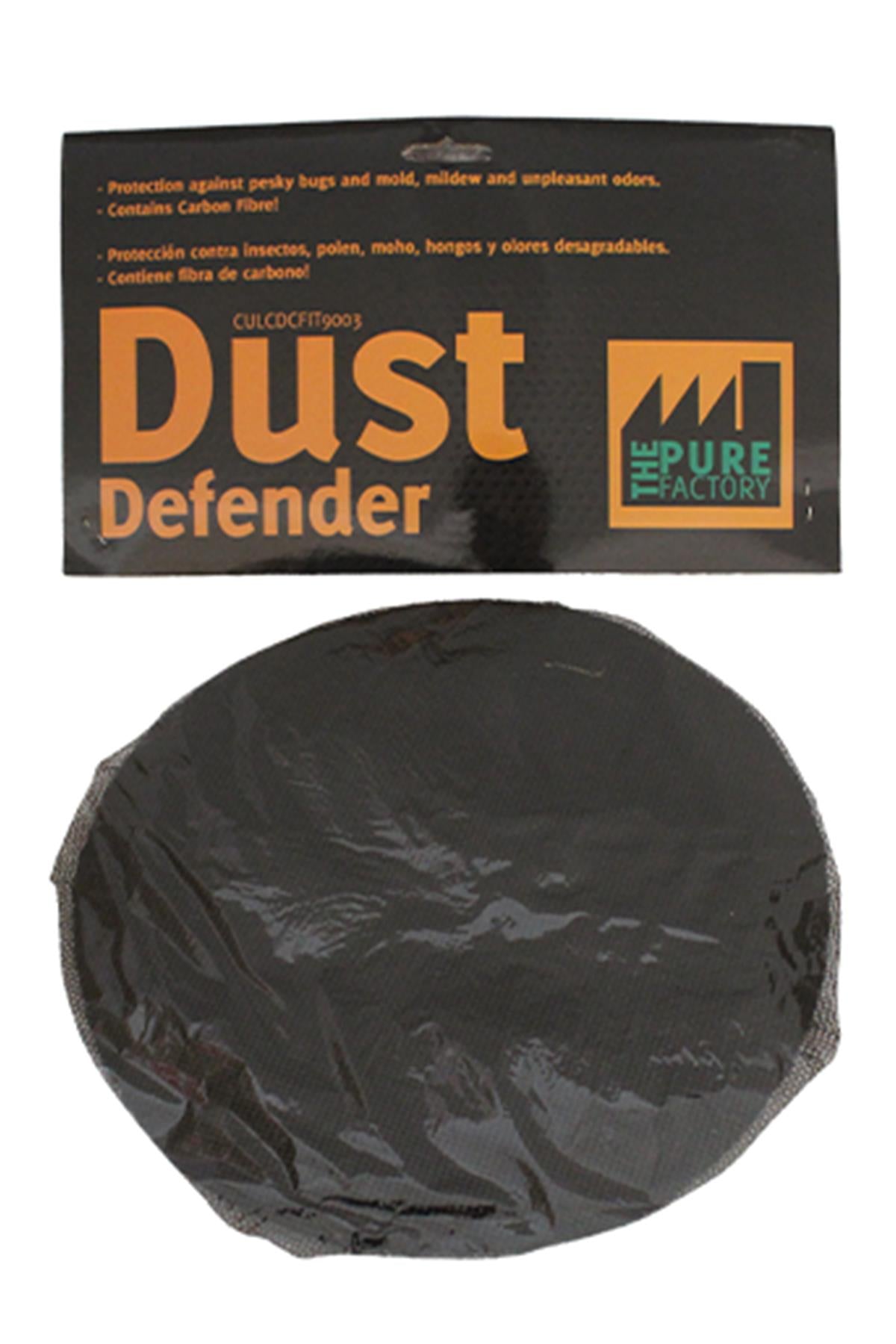 Pure Factory Dust Defender 315 mm filtre – siyah ambalajın yanında duran büyük çaplı yuvarlak siyah ağ filtre