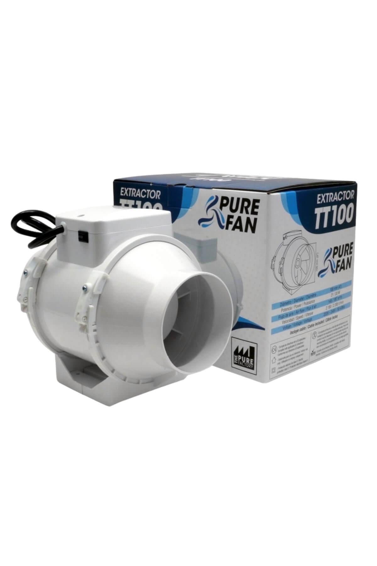 Pure Fan TT 100 – küçük çaplı plastik gövdeli kanal fanı, hız düğmesi ve takılı güç kablosu