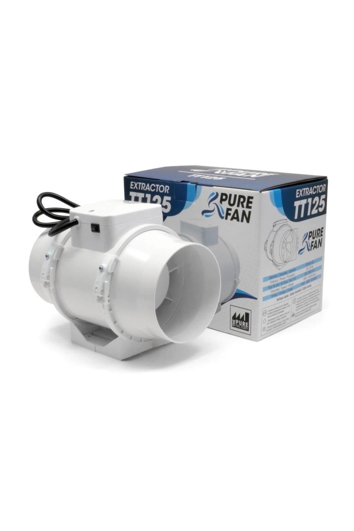 Pure Fan TT 125 – orta çaplı kanal fanı, iki kademeli hız düğmesi ve fişli kablo detayı