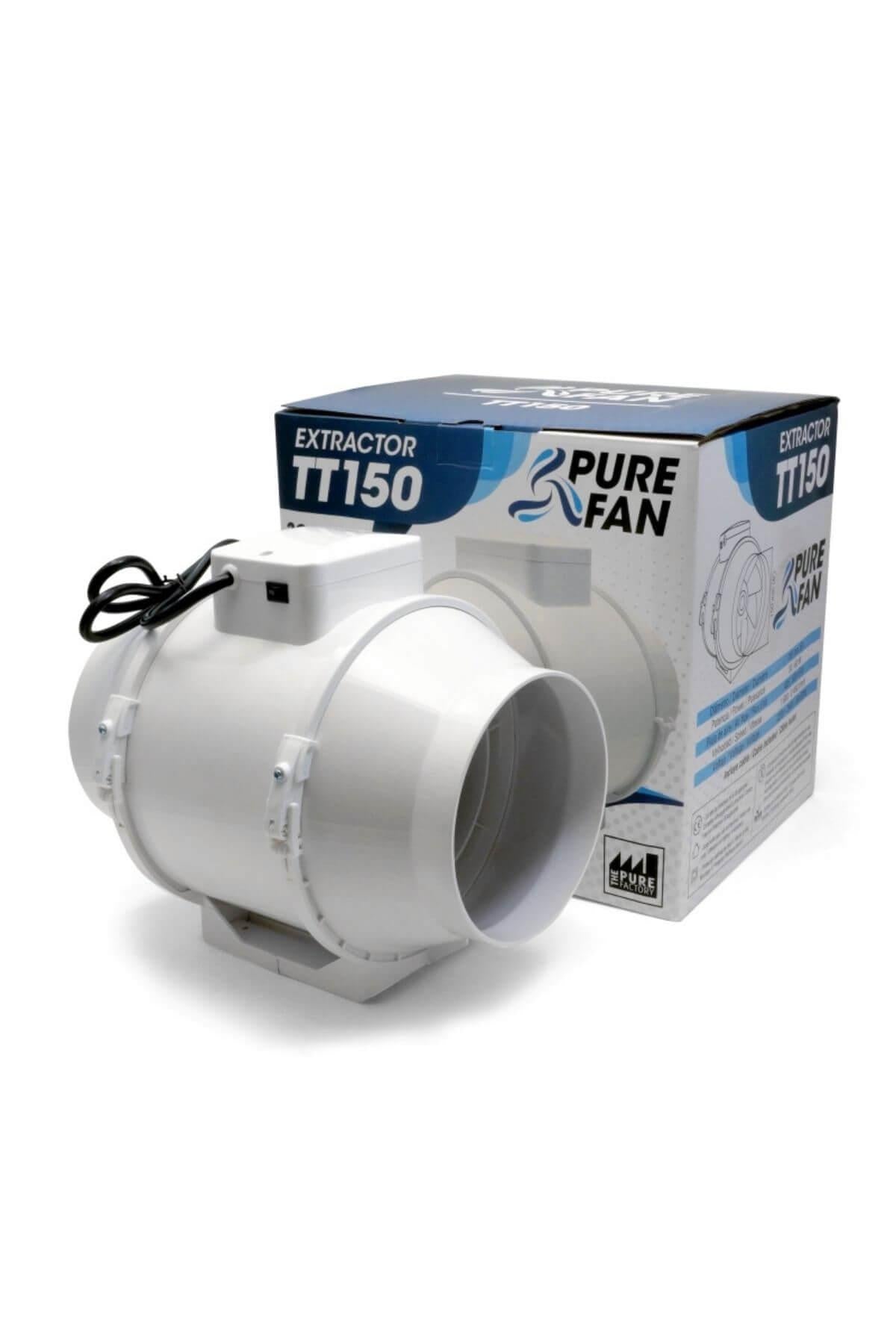 Pure Fan TT 150 – 150 mm çaplı kanal fanı gövdesi, hız kademesi düğmesi ve takılı fişli kablo