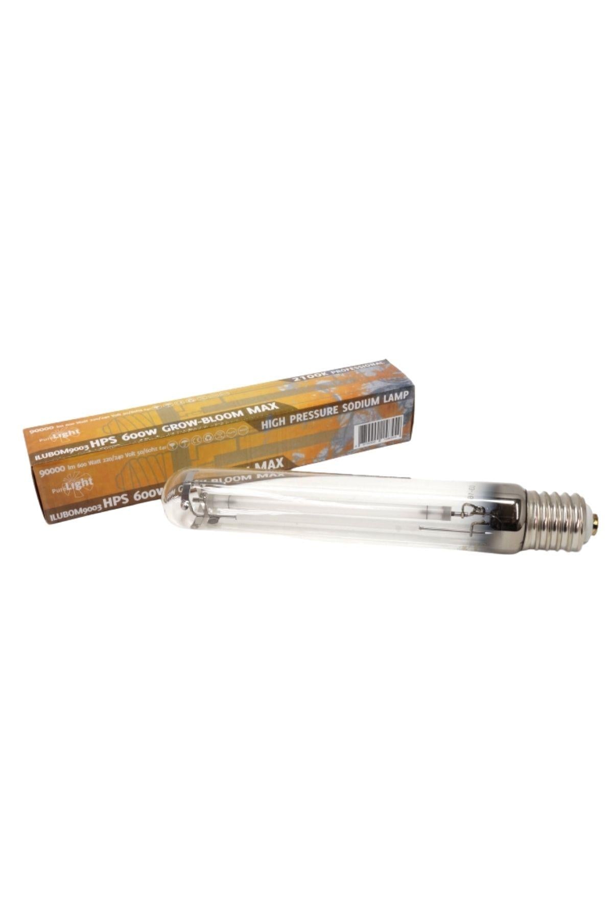 Pure Light HPS 600 W Grow Bloom Max – büyük boy sodyum ampul, cam tüp gövde ve E40 vidalı duy