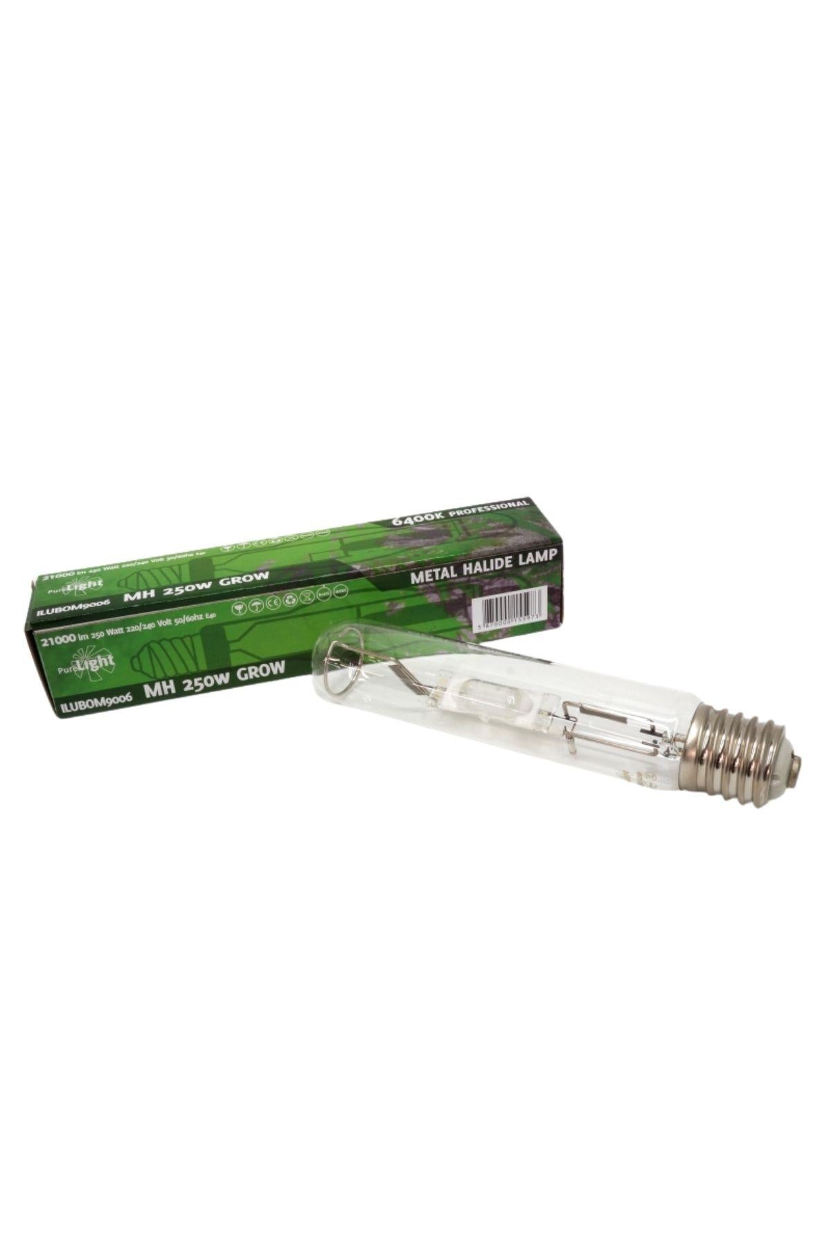 Pure Light MH 250 W Grow – metal halide ampul, beyaz cam gövde ve E40 vidalı metal duy detayı