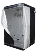 Pure Tent 2.0 60x60x160 – siyah kumaş yetiştirme kabini, açık kapağı ve gümüş Mylar iç kaplaması