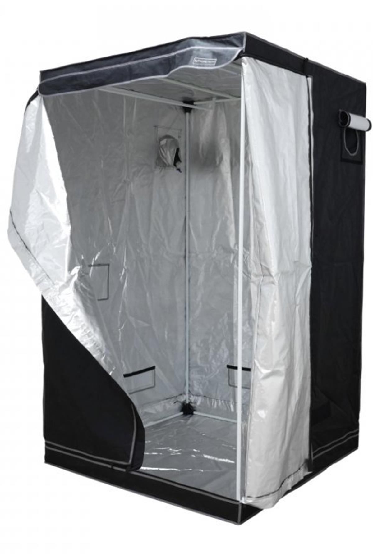 Pure Tent 2.0 60x60x160 – siyah kumaş yetiştirme kabini, açık kapağı ve gümüş Mylar iç kaplaması