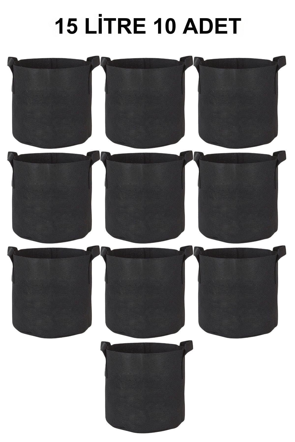 Grow Wizard 15 litre kumaş saksı 10 adet – on adet siyah kumaş saksının istiflenmiş toplu görünümü