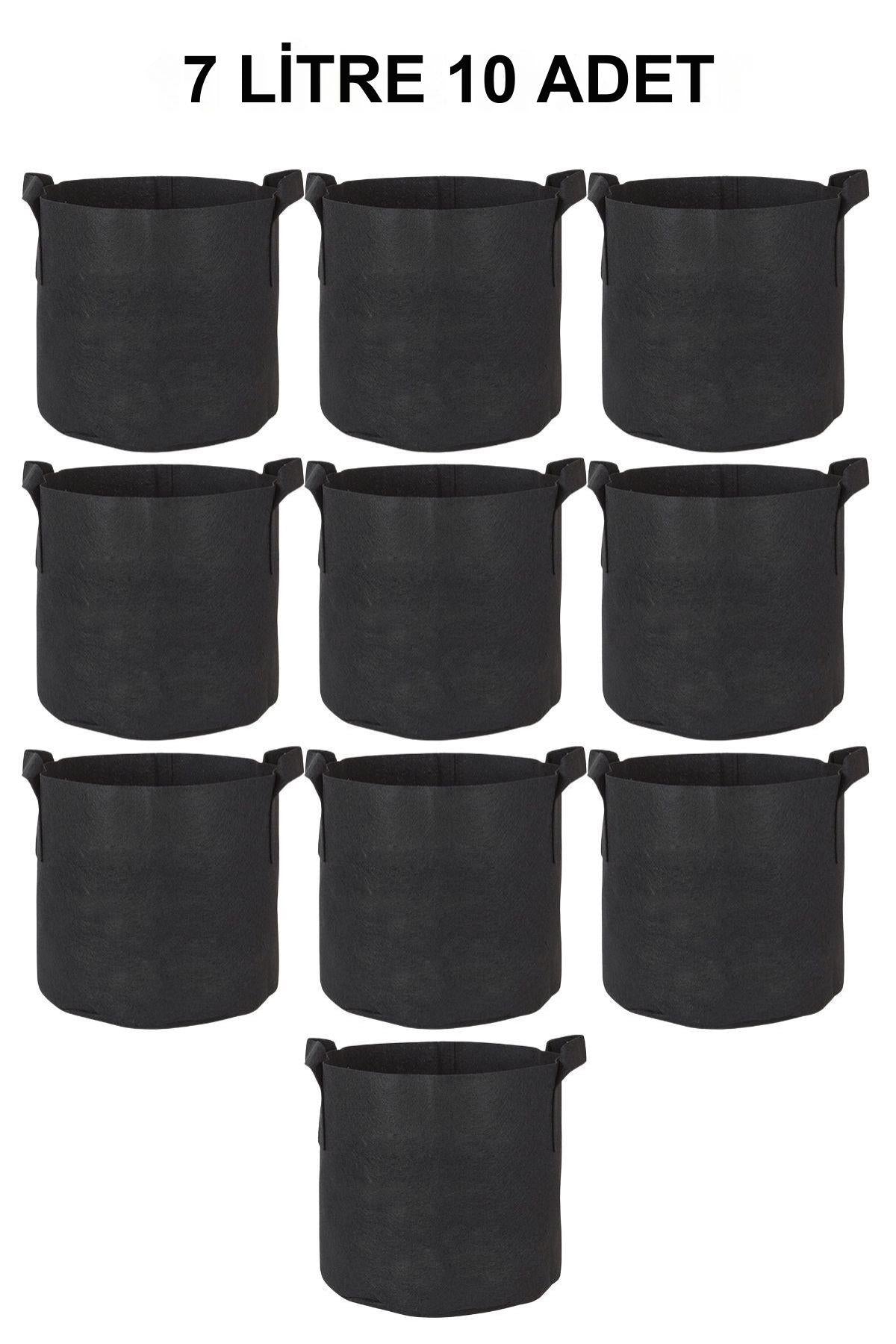 Grow Wizard 7 litre kumaş saksı 10 adet – istiflenmiş çok sayıda siyah kumaş saksı ve kulpları
