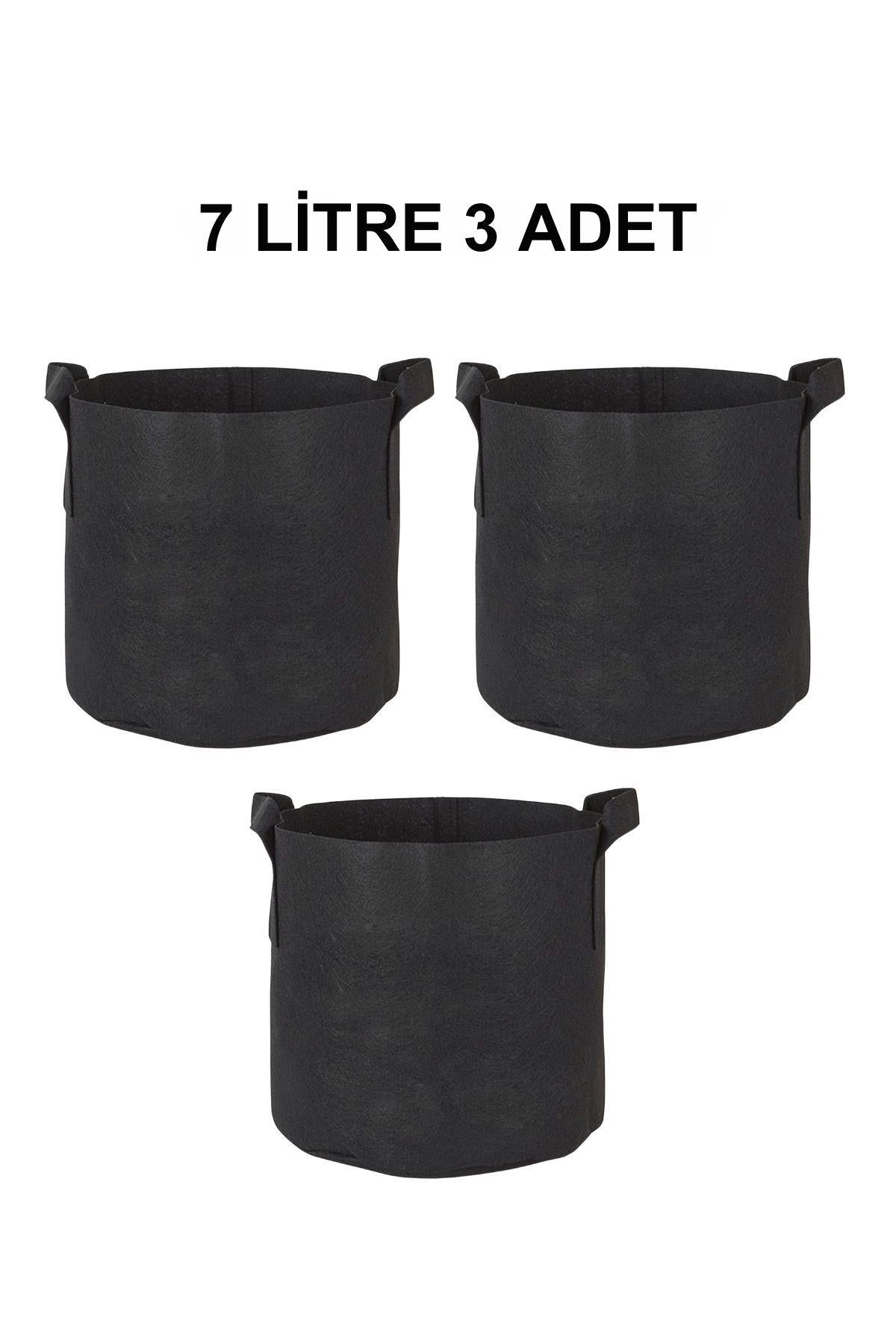 Grow Wizard 7 litre kumaş saksı 3 adet – yan yana dizilmiş üç siyah kumaş saksı ve kulpları
