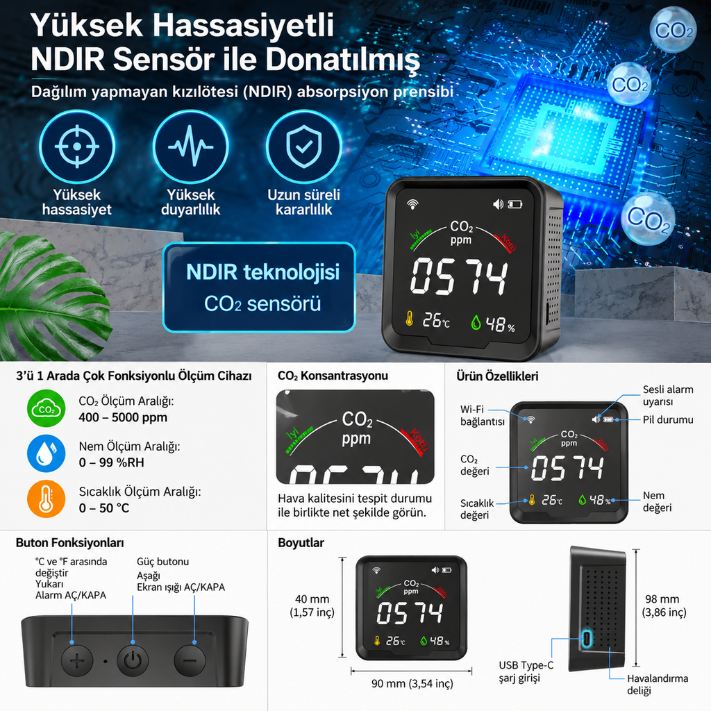 Şarjlı Wi-Fi Karbondioksit Ölçer PTH-9CW – Tuya Smart Uyumlu, NDIR, Alarm Eşikli