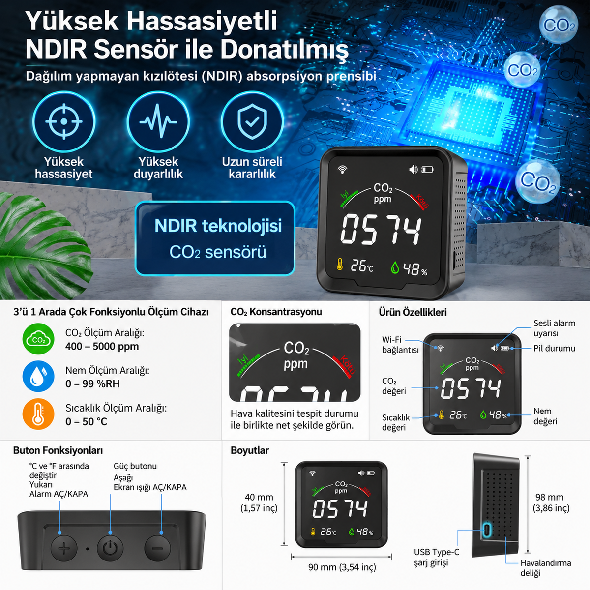 Şarjlı Wi-Fi Karbondioksit Ölçer PTH-9CW – Tuya Smart Uyumlu, NDIR, Alarm Eşikli