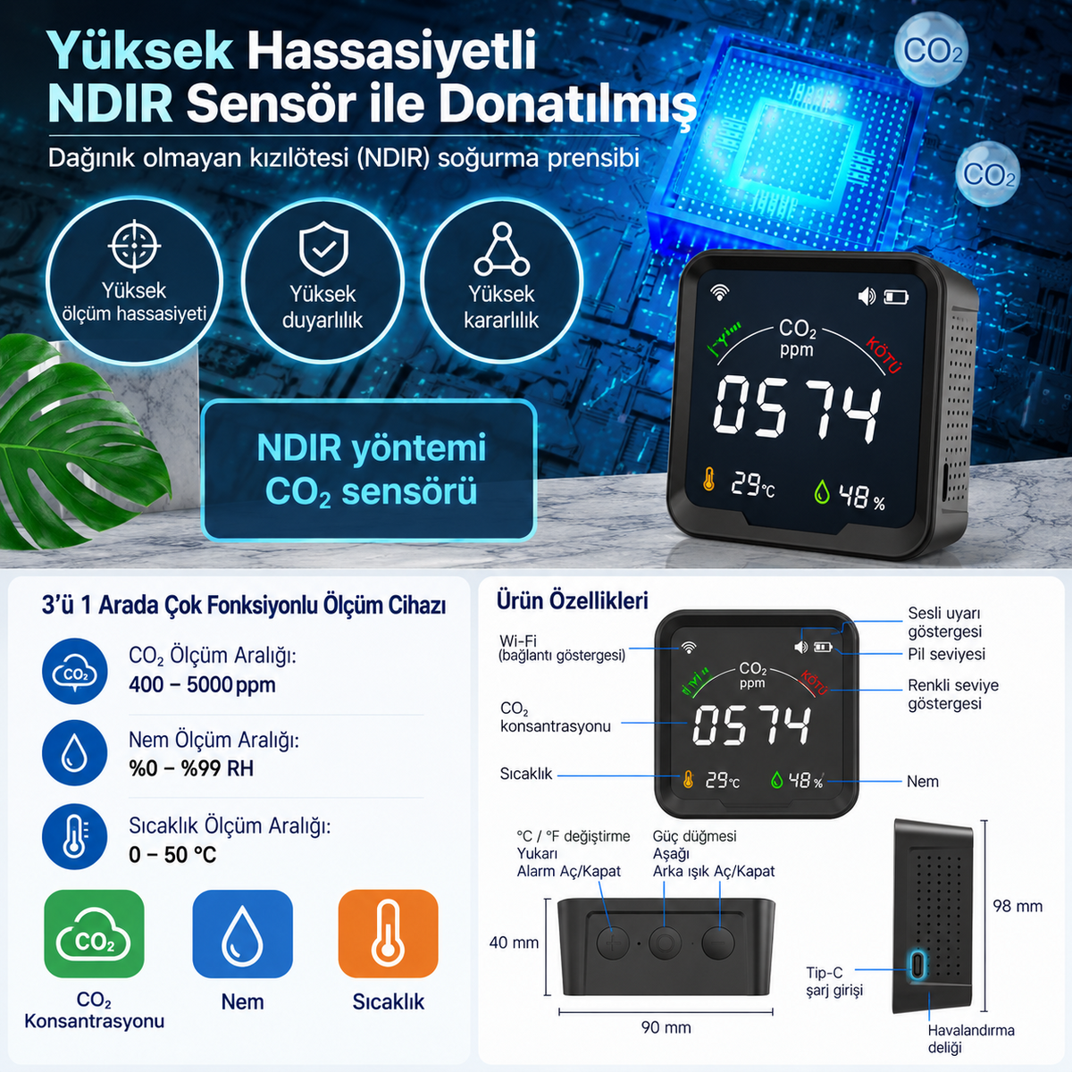 Şarjlı Wi-Fi Karbondioksit Ölçer PTH-9CW – Tuya Smart Uyumlu, NDIR, Alarm Eşikli
