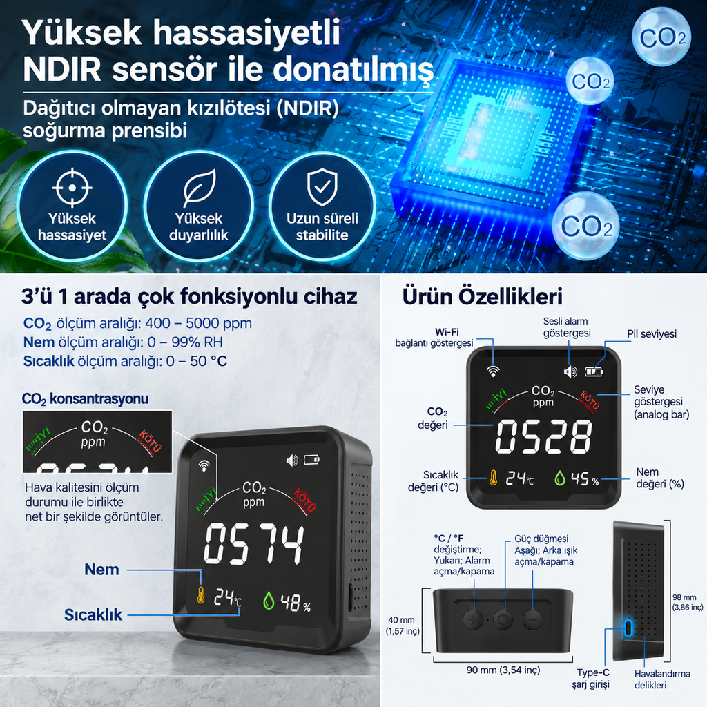 Şarjlı Wi-Fi Karbondioksit Ölçer PTH-9CW – Tuya Smart Uyumlu, NDIR, Alarm Eşikli