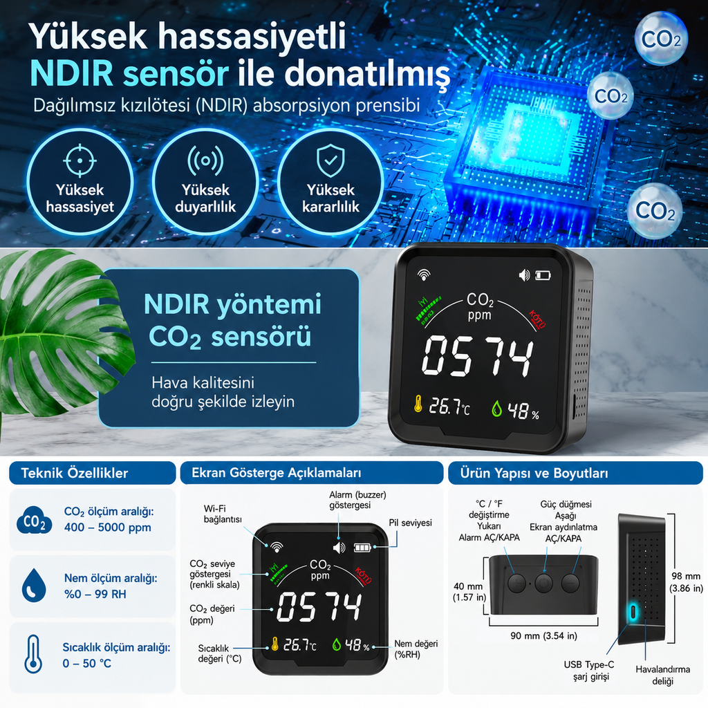 Şarjlı Wi-Fi Karbondioksit Ölçer PTH-9CW – Tuya Smart Uyumlu, NDIR, Alarm Eşikli