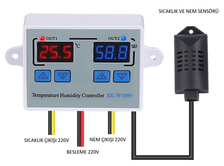 XK-W1099 Termostat ve Higrostat Bir Arada – İki Ekranlı, Bağımsız Sıcaklık ve Nem Rölesi