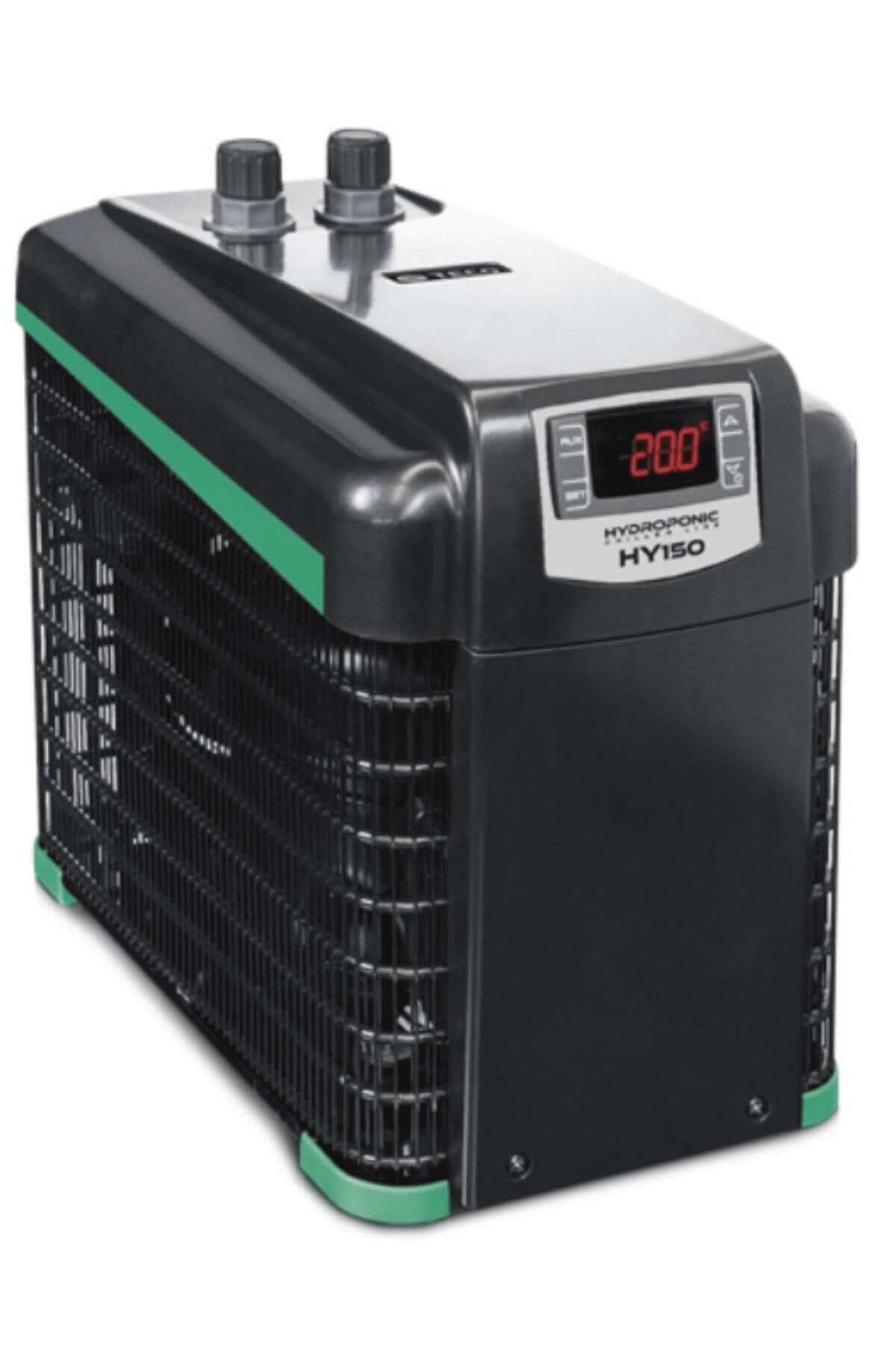 Tecoponic HY150 su soğutucu – beyaz gövdeli hidroponik chiller, dijital ekranı ve hortum ağızları