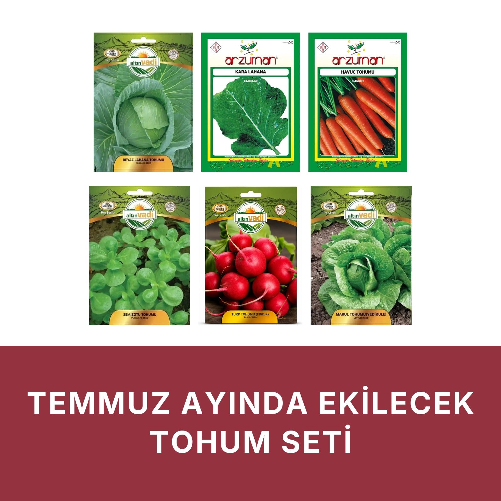 Temmuz ayında ekilecek tohum seti kapağı: beyaz zeminde altı paket — beyaz lahana, karalahana, Nantes havuç, semizotu