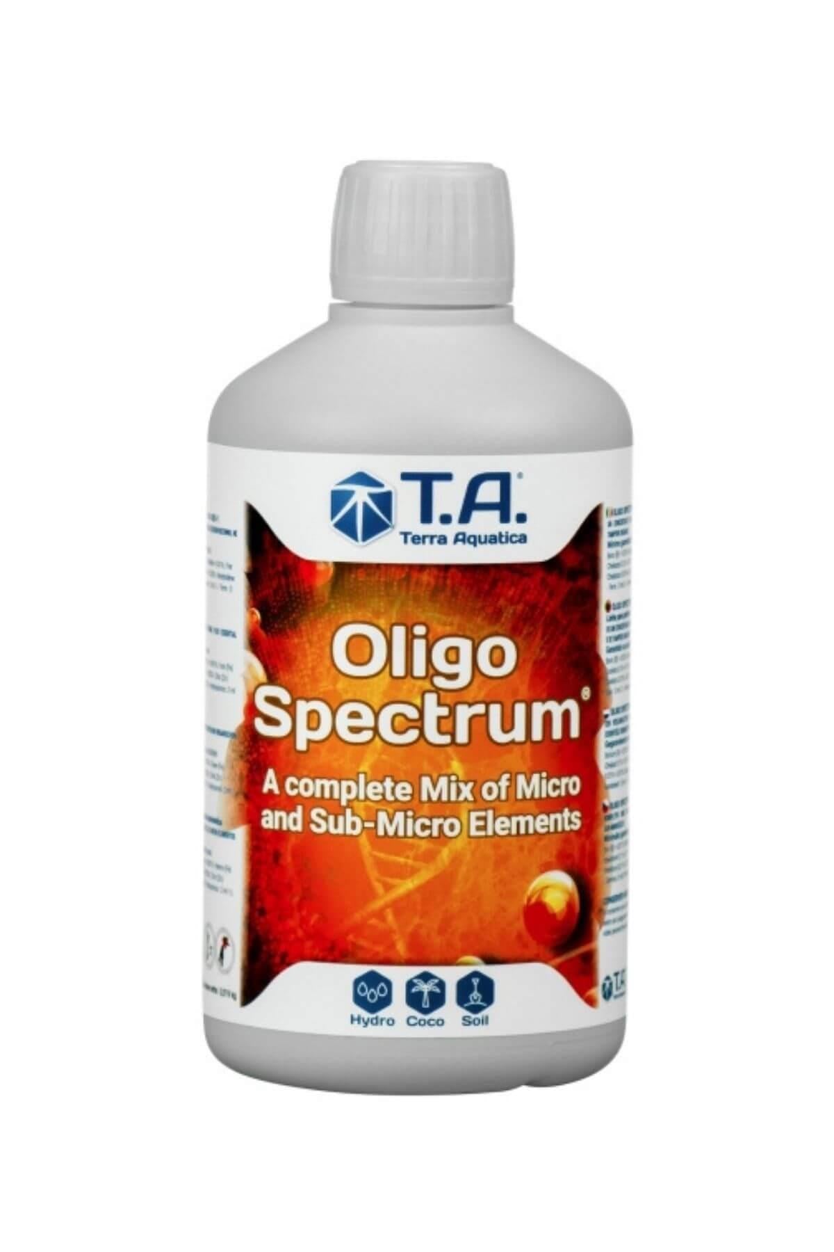 Terra Aquatica Oligo Spektrum 500 ml – beyaz şişe, turuncu etiket ve Oligo Spectrum yazısı, T.A. logosu
