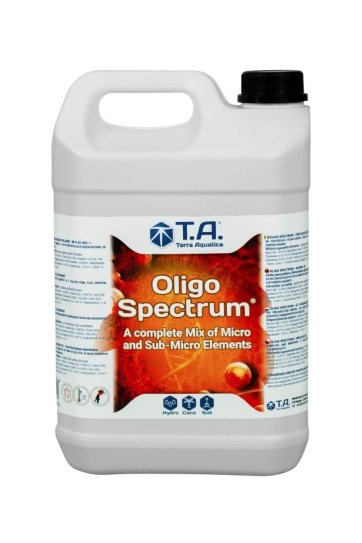 Terra Aquatica Oligo Spektrum 5 litre – beyaz şişe, turuncu etiket ve Oligo Spectrum yazısı, T.A. logosu