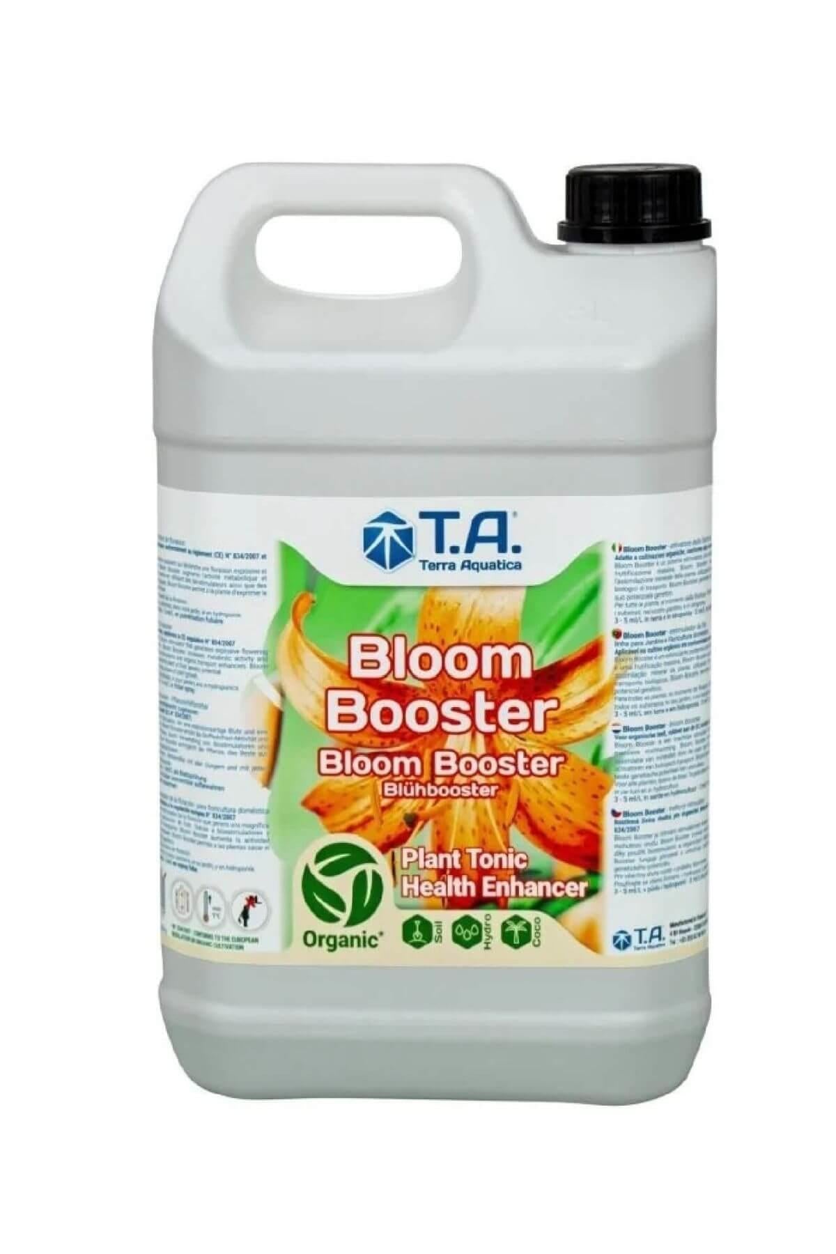 Terra Aquatica Bloom Booster 5 litre – beyaz şişe, çiçek görselli renkli etiket ve Bloom Booster yazısı