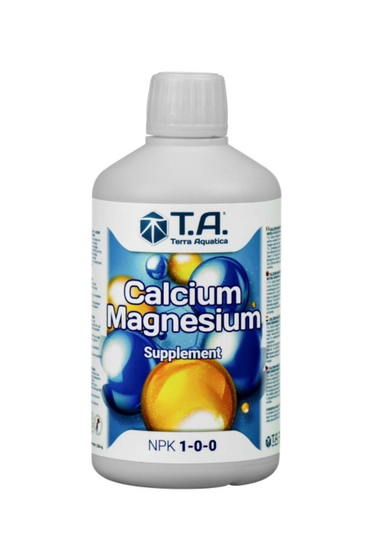 Terra Aquatica Calcium Magnesium Supplement 500 ml – beyaz şişe, mavi etiket ve Cal-Mag yazısı bulunan ambalaj
