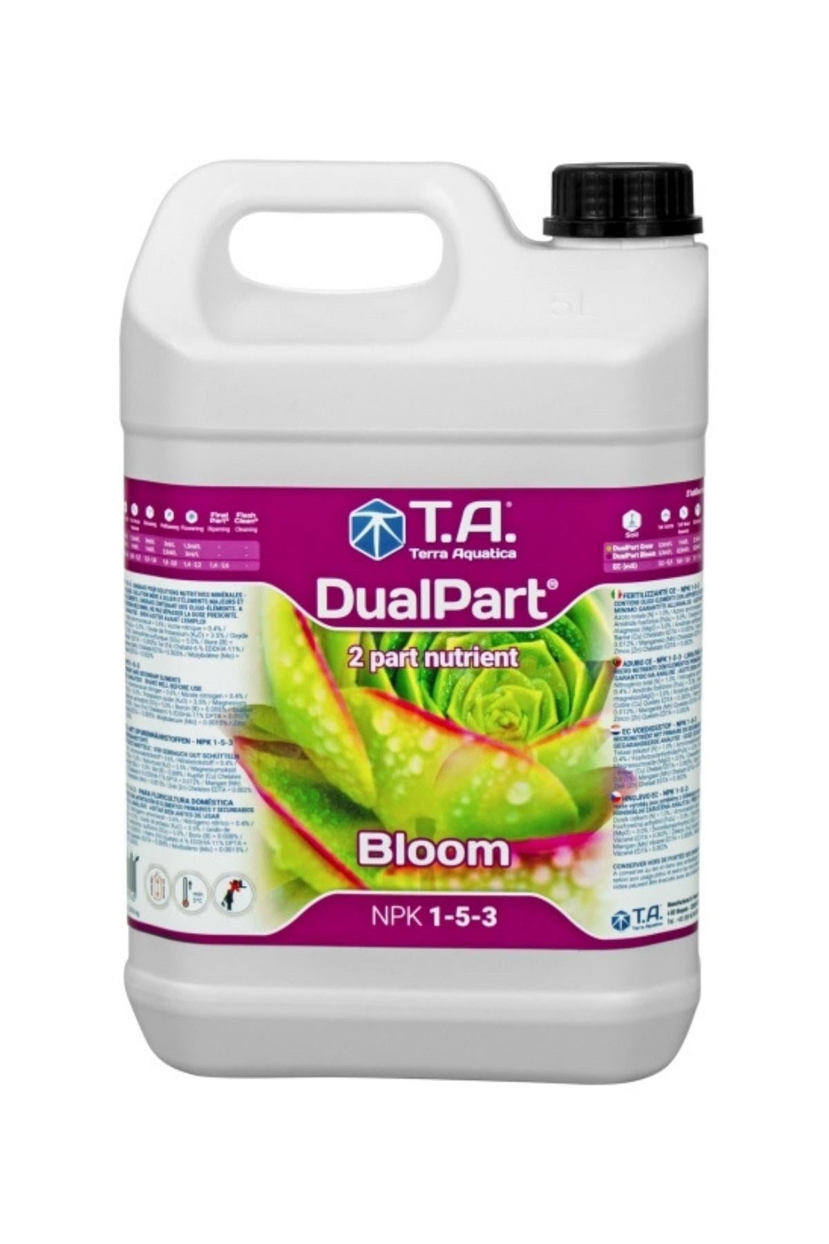Terra Aquatica DualPart Bloom 5 litre – beyaz şişe, mor etiket, yaprak görseli ve DualPart yazısı
