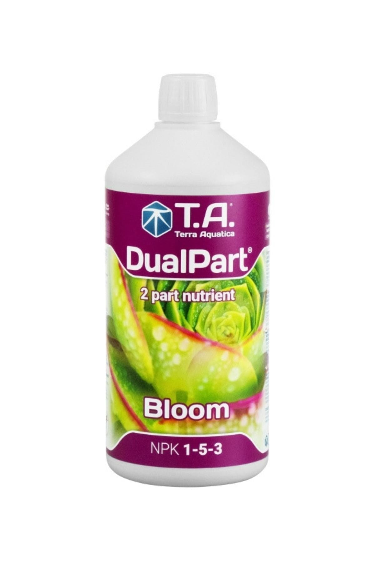 Terra Aquatica DualPart Bloom 1 litre – beyaz şişe, mor etiket, yaprak görseli ve DualPart yazısı
