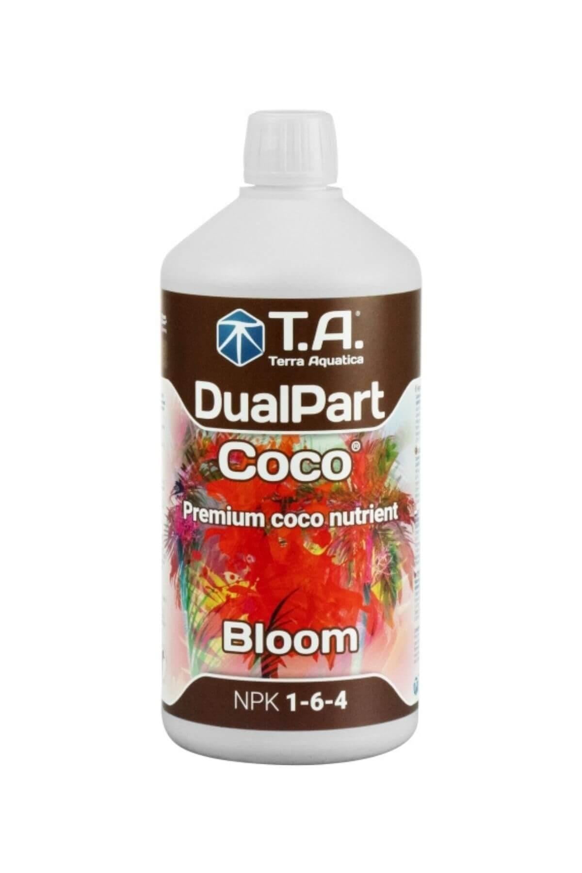 Terra Aquatica DualPart Coco Bloom 1 litre – kahverengi etiketli beyaz şişe, kırmızı çiçek görseli ve Coco yazısı