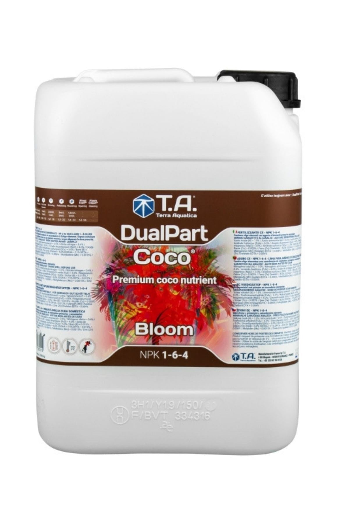 Terra Aquatica DualPart Coco Bloom 10 litre – kahverengi etiketli beyaz şişe, kırmızı çiçek görseli ve Coco yazısı