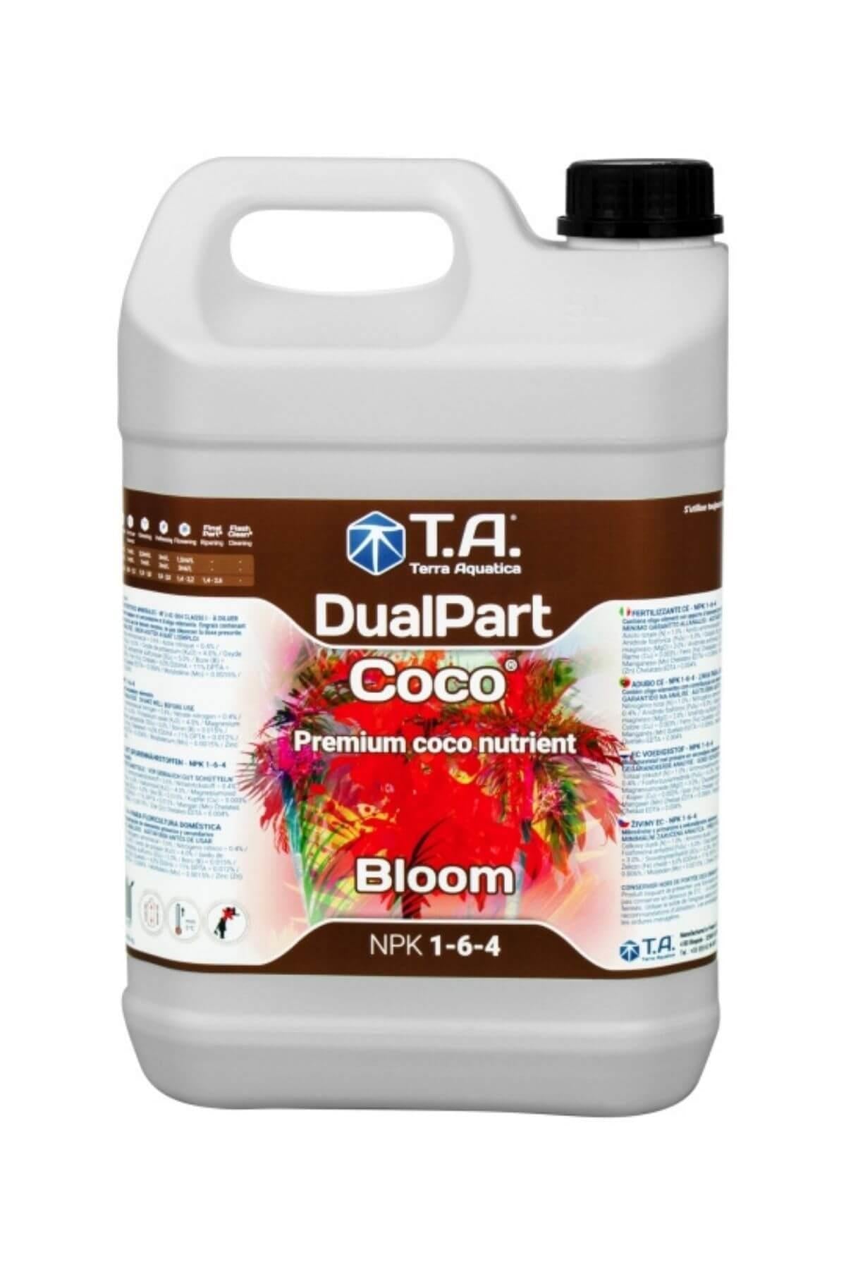 Terra Aquatica DualPart Coco Bloom 5 litre – kahverengi etiketli beyaz şişe, kırmızı çiçek görseli ve Coco yazısı