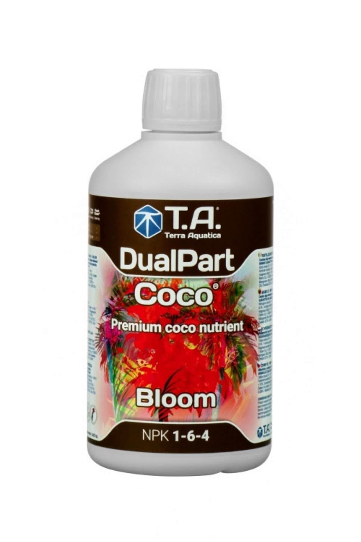 Terra Aquatica DualPart Coco Bloom 500 ml – kahverengi etiketli beyaz şişe, kırmızı çiçek görseli ve Coco yazısı