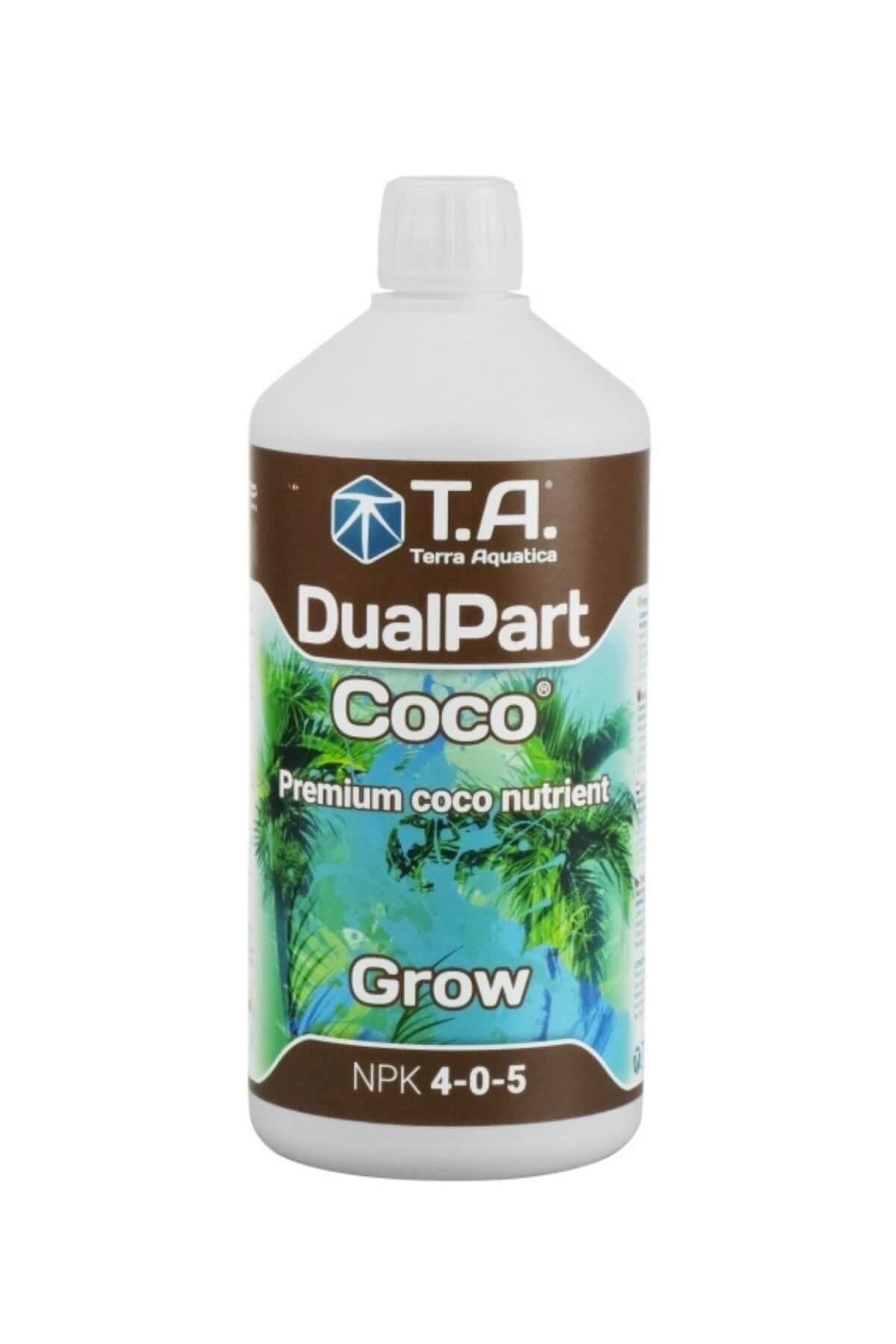 Terra Aquatica DualPart Coco Grow 1 litre – kahverengi etiketli beyaz şişe, yeşil palmiye yaprağı görseli ve Coco yazısı