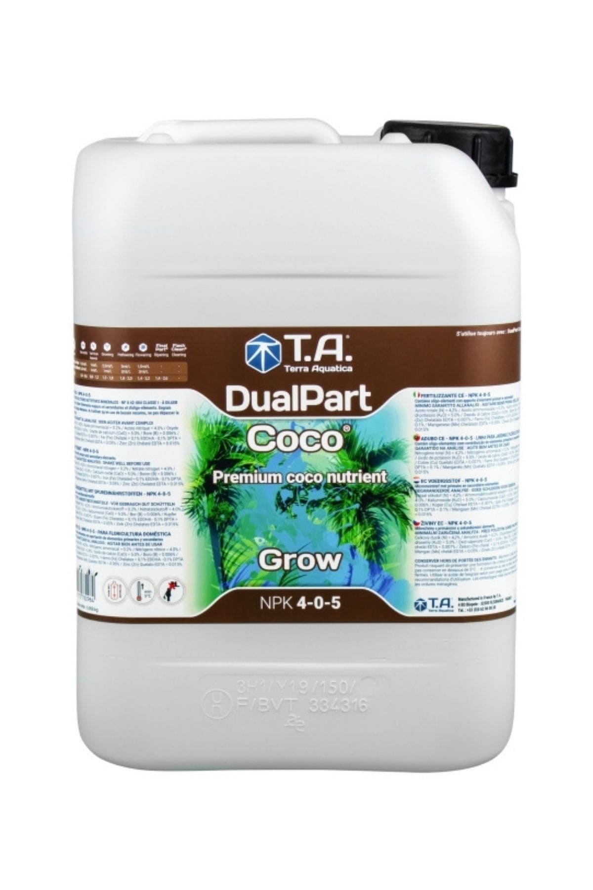 Terra Aquatica DualPart Coco Grow 10 litre – kahverengi etiketli beyaz şişe, yeşil palmiye yaprağı görseli ve Coco yazısı