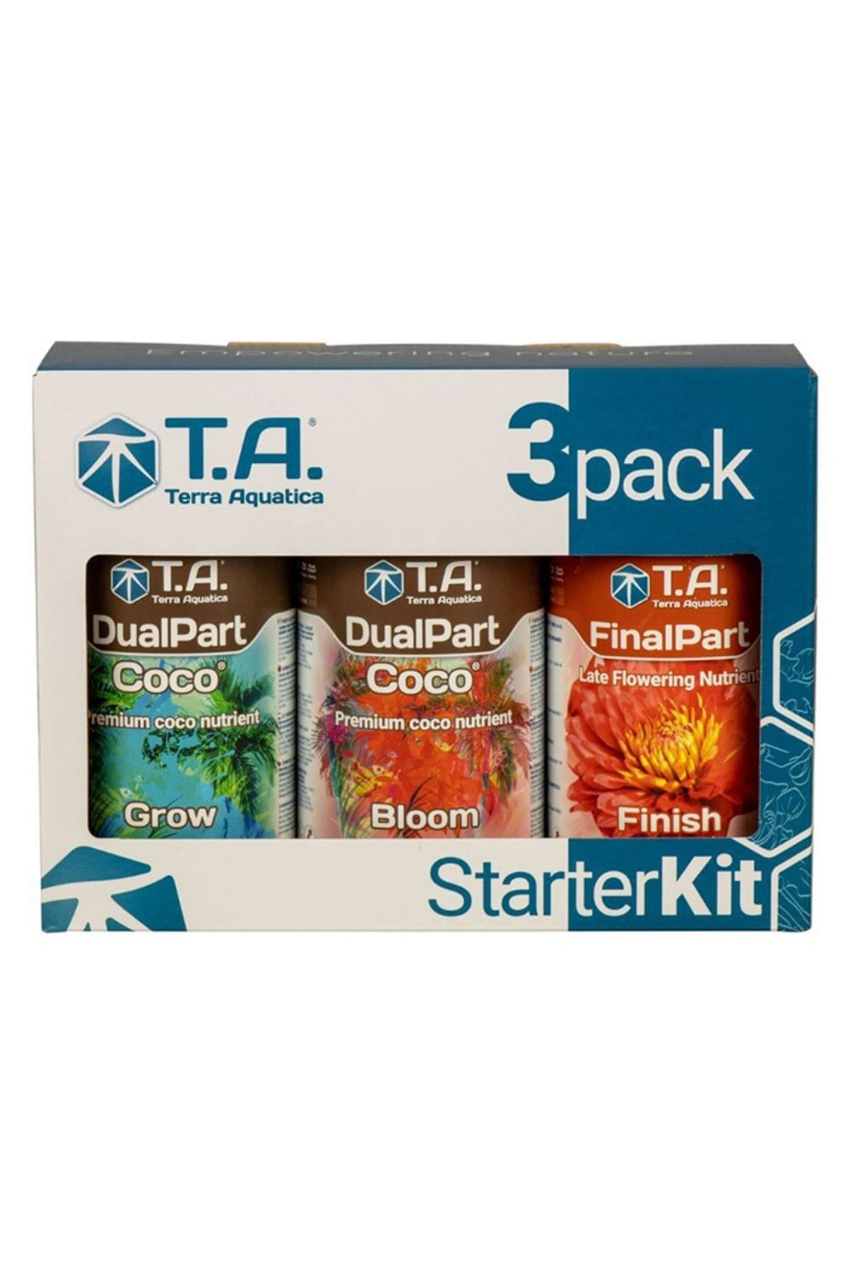 Terra Aquatica DualPart Coco Tripack – karton kutuda yan yana duran üç şişe ve 3pack StarterKit yazısı