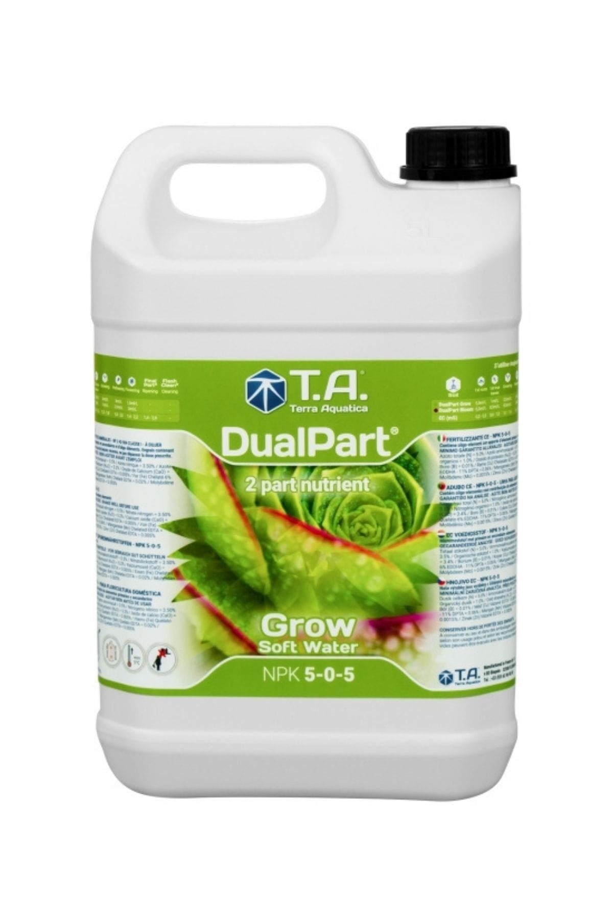 Terra Aquatica DualPart Grow Soft Water 5 litre – beyaz şişe, yeşil etiket, yaprak görseli ve DualPart yazısı