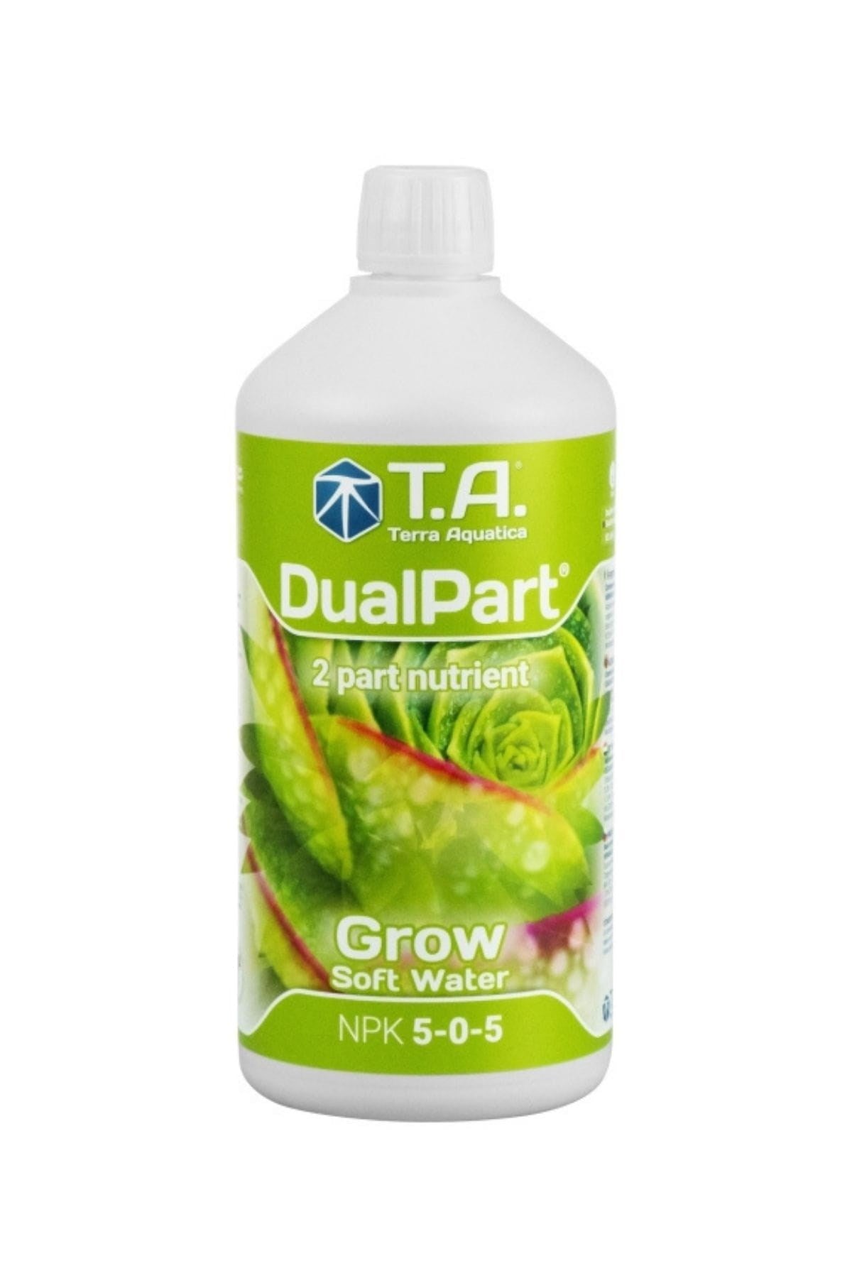 Terra Aquatica DualPart Grow Soft Water 1 litre – beyaz şişe, yeşil etiket, yaprak görseli ve DualPart yazısı