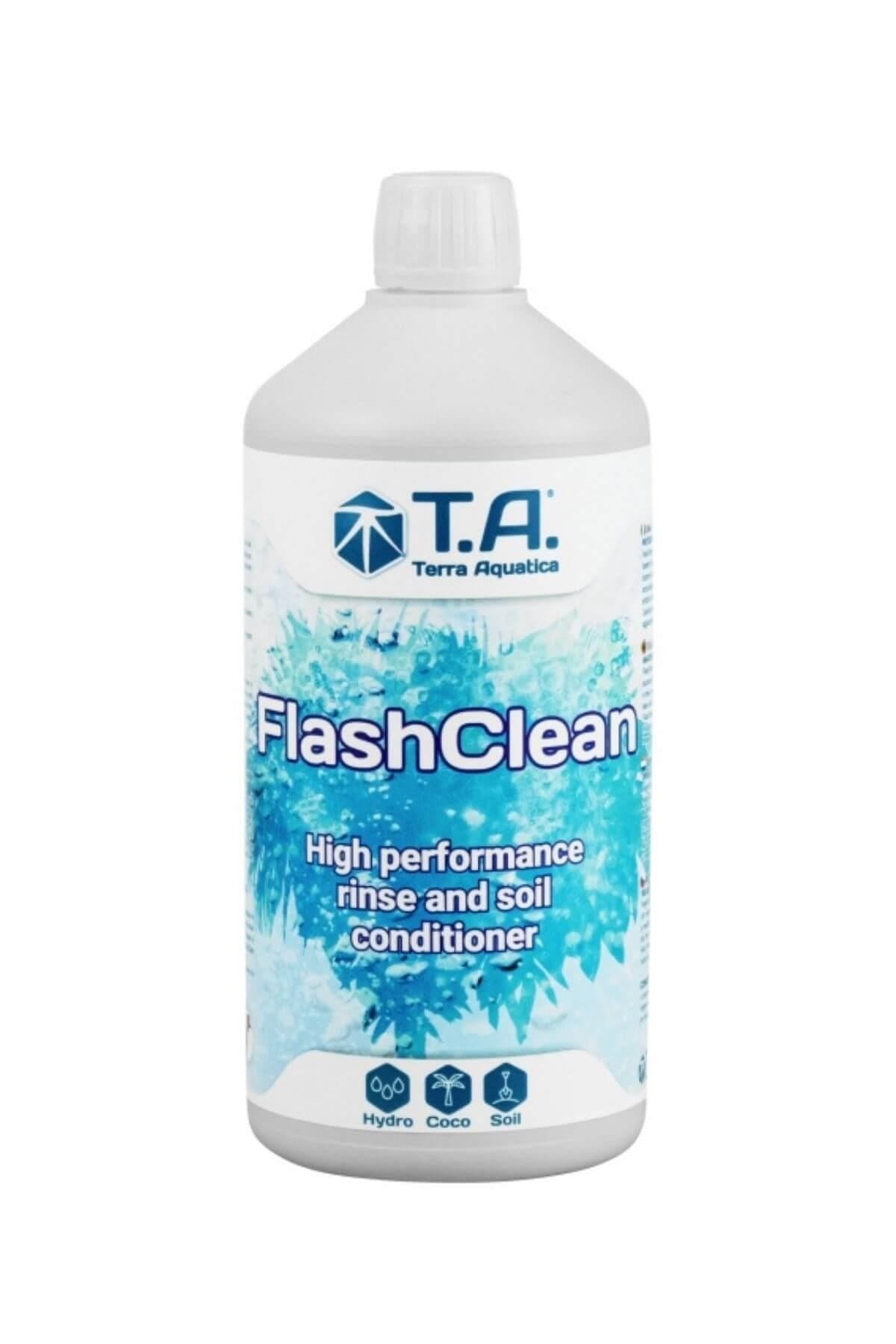 Terra Aquatica FlashClean 1 litre – beyaz şişe, açık mavi buz desenli etiket ve FlashClean yazısı