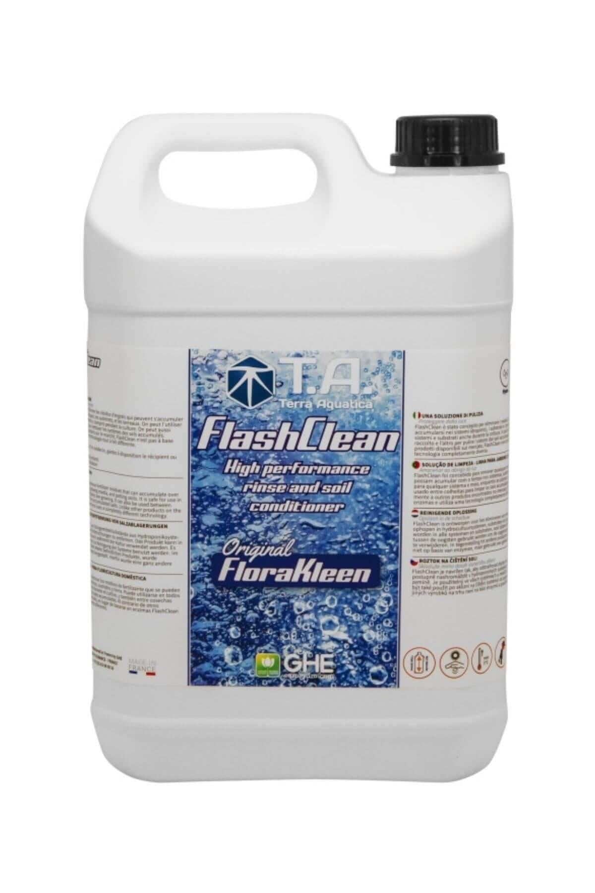 Terra Aquatica FlashClean 5 litre – beyaz şişe, açık mavi buz desenli etiket ve FlashClean yazısı