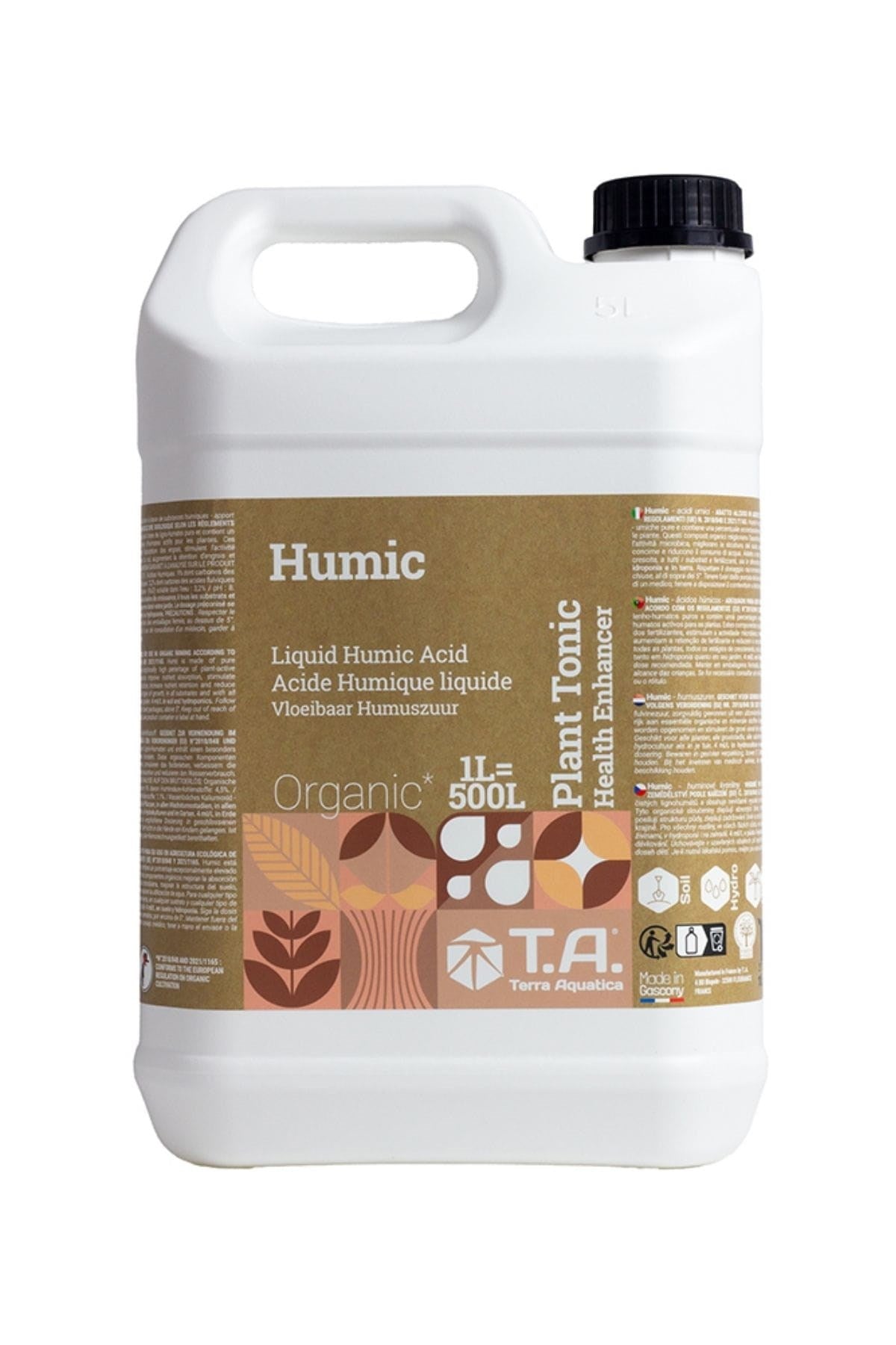 Terra Aquatica Humic 5 litre – kulplu bidon ambalaj, koyu renkli sıvı ve markalı ürün etiketi