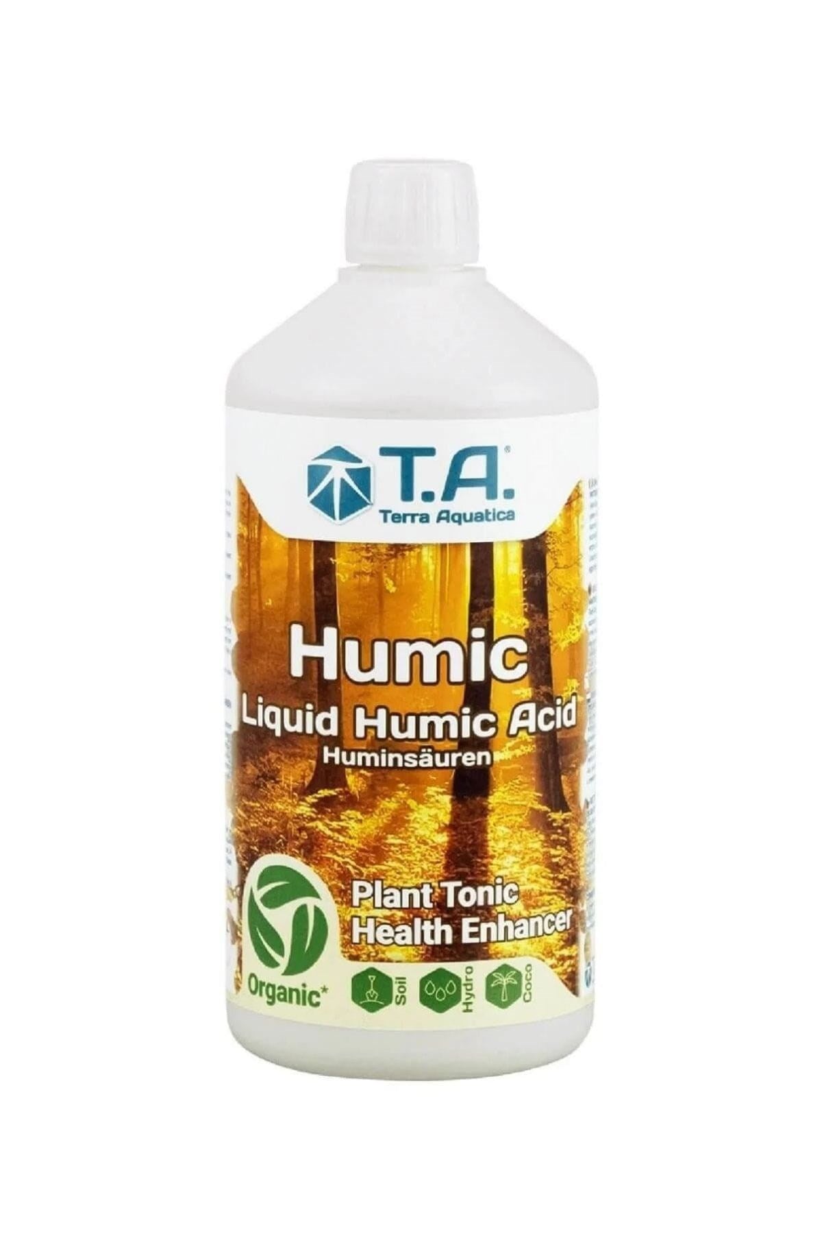 Terra Aquatica Humic 500 ml – beyaz şişe, koyu kahverengi etiket ve Humic yazısı, T.A. logosu