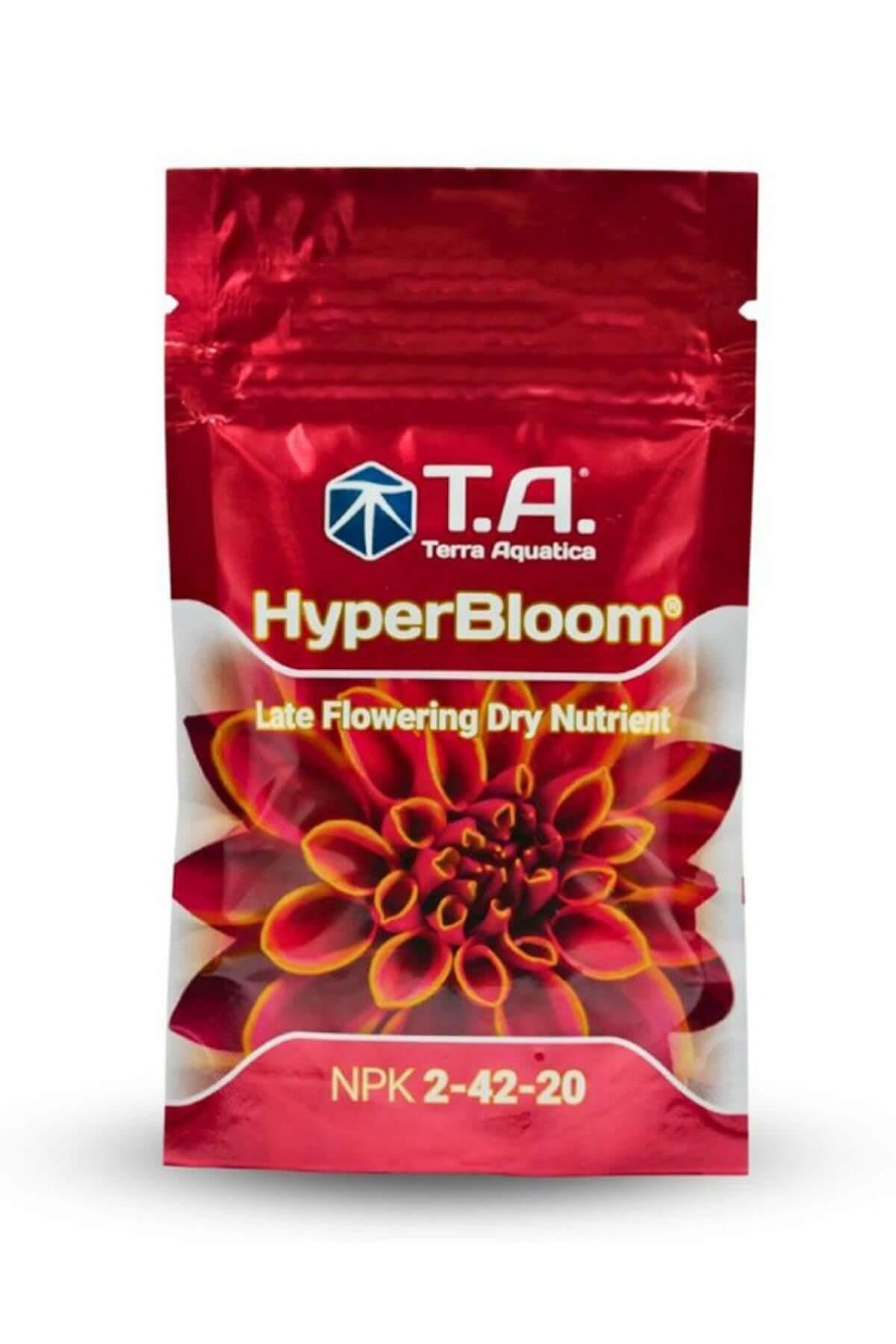 Terra Aquatica HyperBloom 100 gr – kırmızı bordo folyo poşet, çiçek görseli ve HyperBloom yazısı bulunan ambalaj
