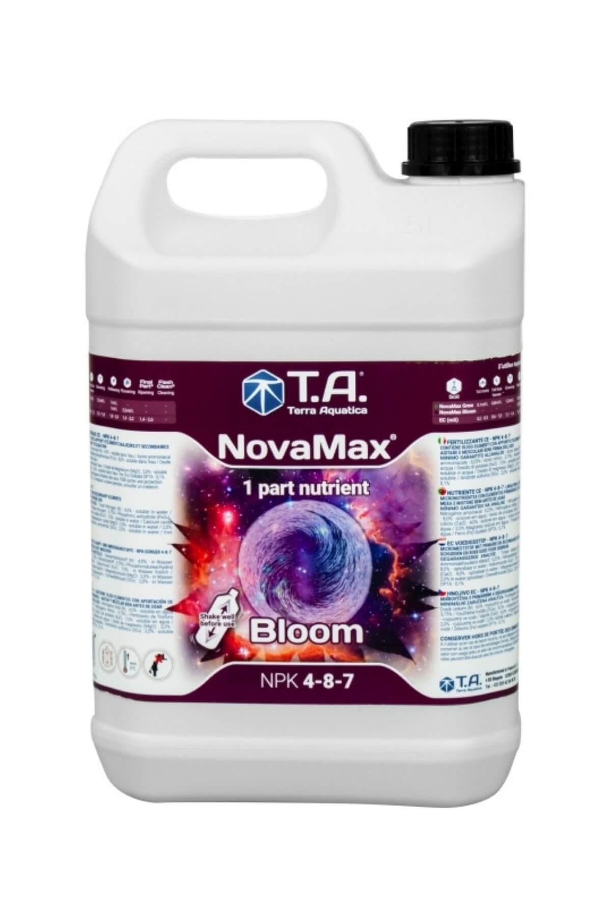 Terra Aquatica NovaMax Bloom 5 litre – beyaz şişe, mor etiket, T.A. logosu ve NovaMax Bloom yazısı