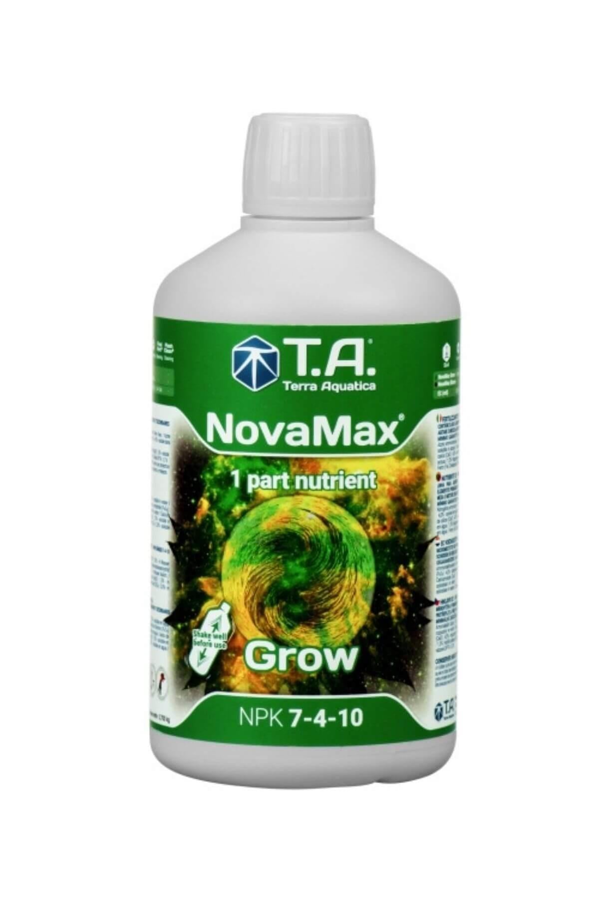 Terra Aquatica NovaMax Grow 500 ml – beyaz şişe, yeşil etiket, T.A. logosu ve NovaMax Grow yazısı