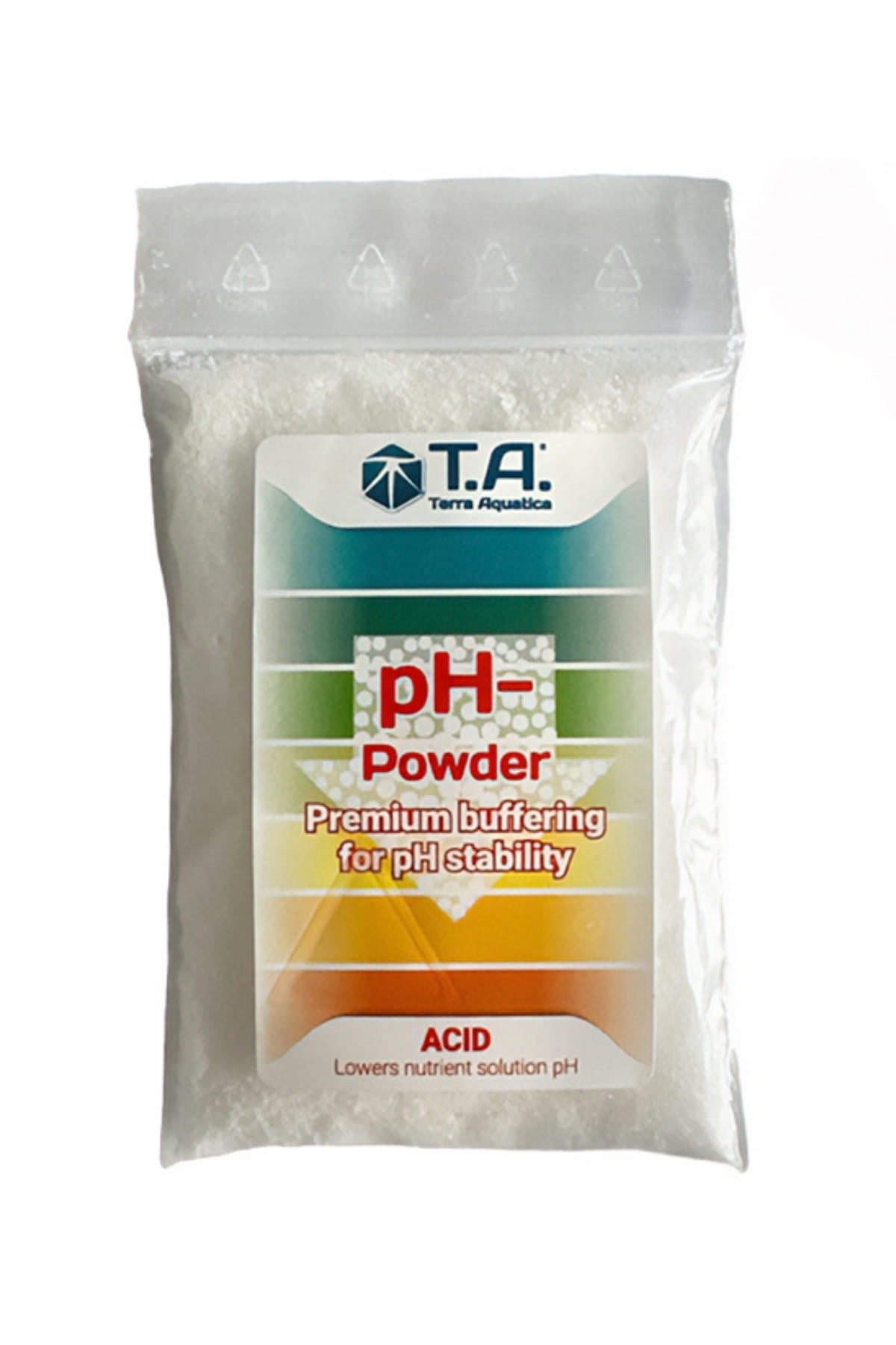 Terra Aquatica pH Down Powder 25 gr – beyaz kapaklı kutu ya da poşette toz ürün ve pH Down Powder yazısı