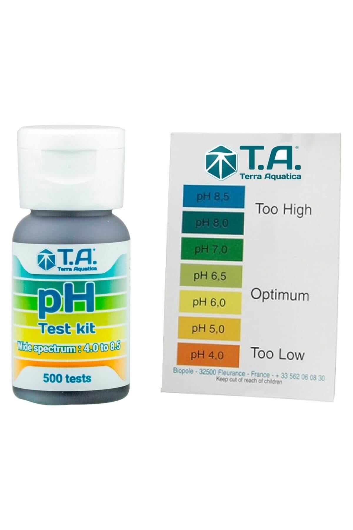 Terra Aquatica pH Test Kit 30 ml – küçük damlalıklı şişe, test tüpü ve renk karşılaştırma tablosu