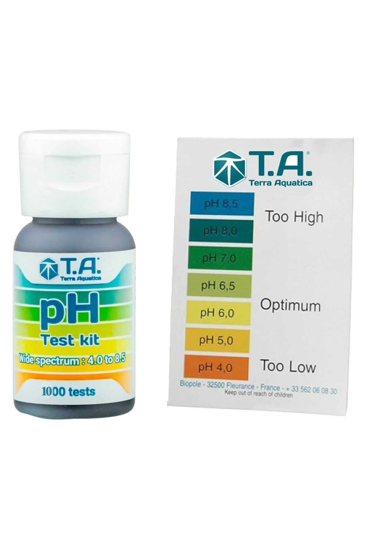 Terra Aquatica pH Test Kit 60 ml – küçük damlalıklı şişe, test tüpü ve renk karşılaştırma tablosu
