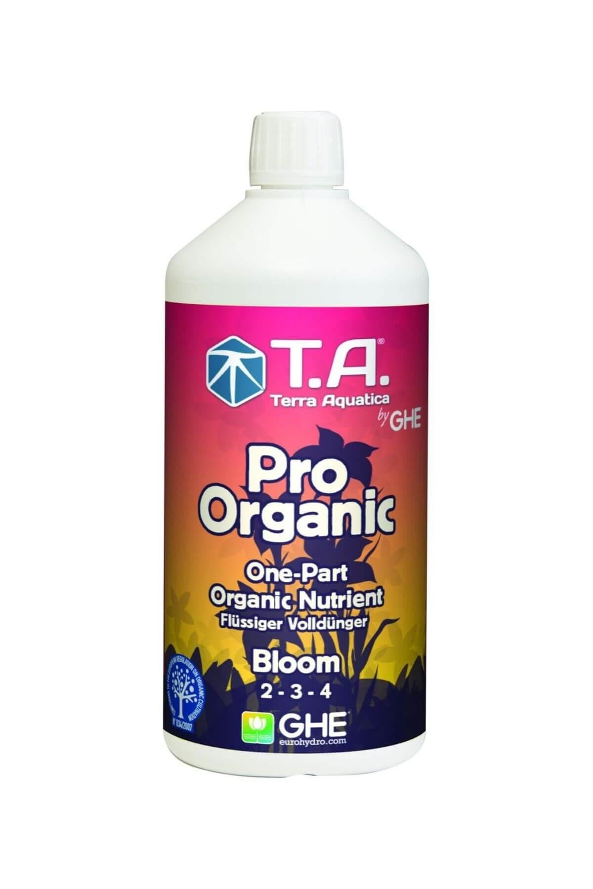Terra Aquatica Pro Organic Bloom 1 litre – beyaz kapaklı şişe, renkli etiket ve Pro Organic Bloom yazısı